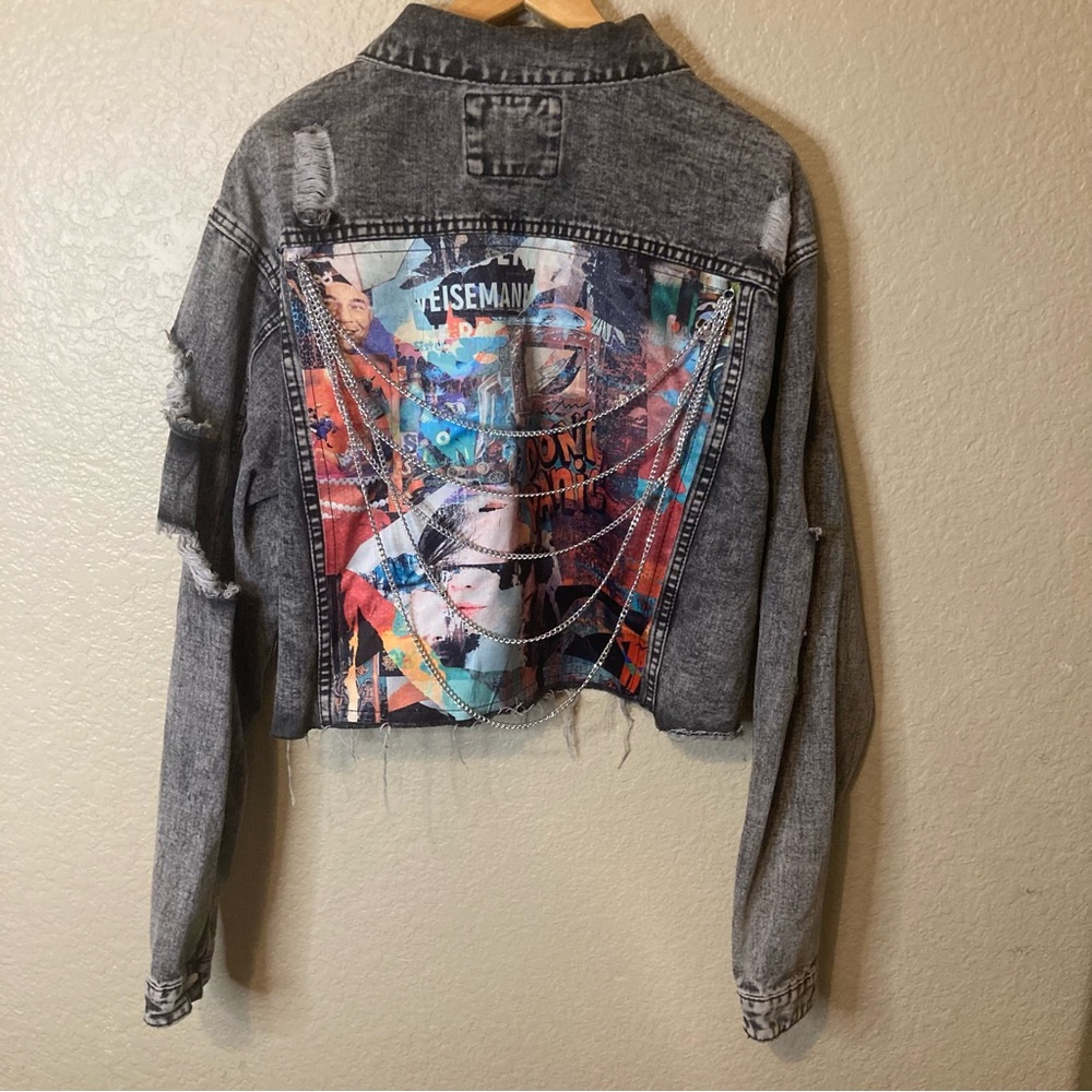 American Bazi Retro Acid Wash Cropped Denim Jacket With Chains Biker Bohemian 1X - Picture 10 of 16